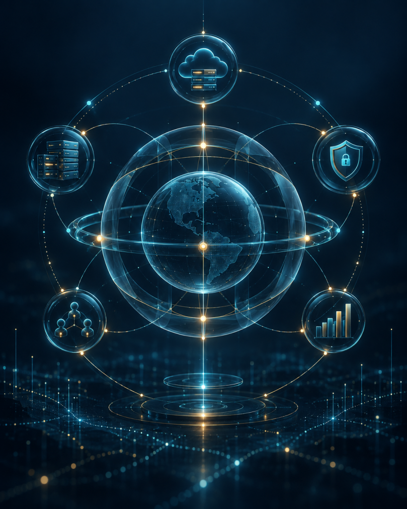 Connected digital systems, cloud infrastructure, cybersecurity, and business intelligence